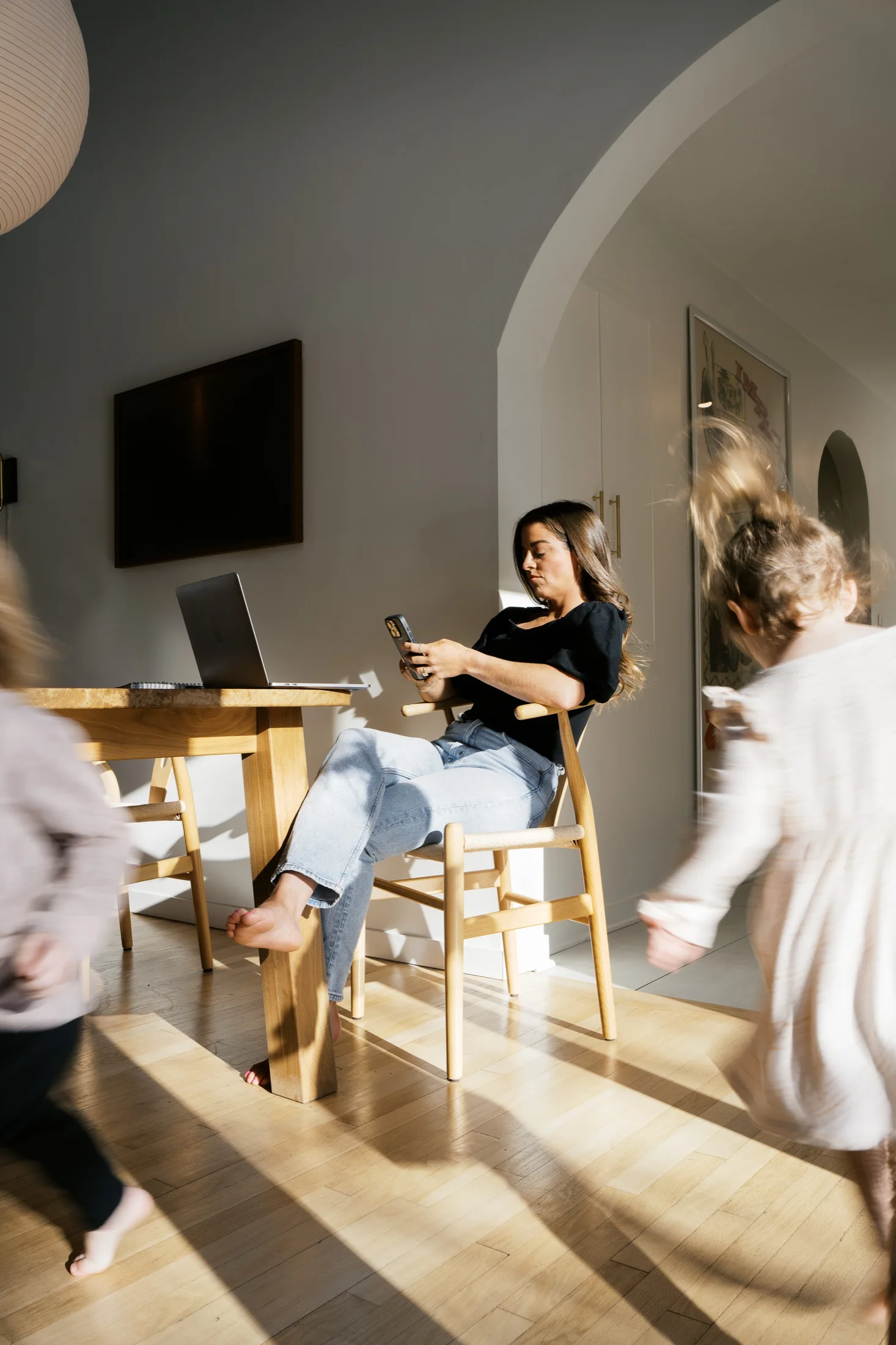 A kitchen and living space in motion